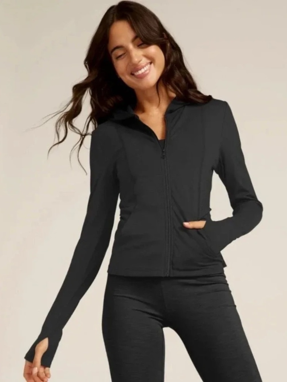 Beyond Yoga Heather Rib Morning Jog Hoodie Black Heather